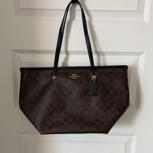 Coach Dark Brown Signature Canvas Tote with Black Handles